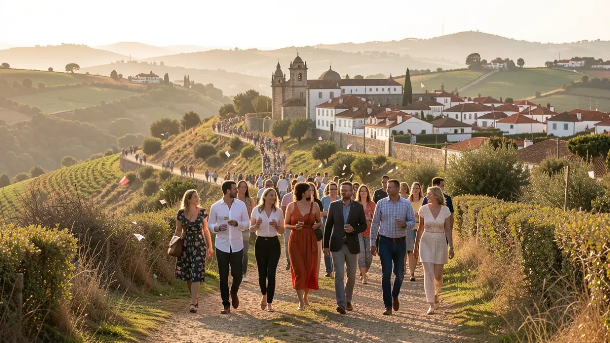 Imagem genérica de um grupo de pessoas a caminhar num trilho cénico em Portugal, com colinas e arquitetura tradicional à distância.