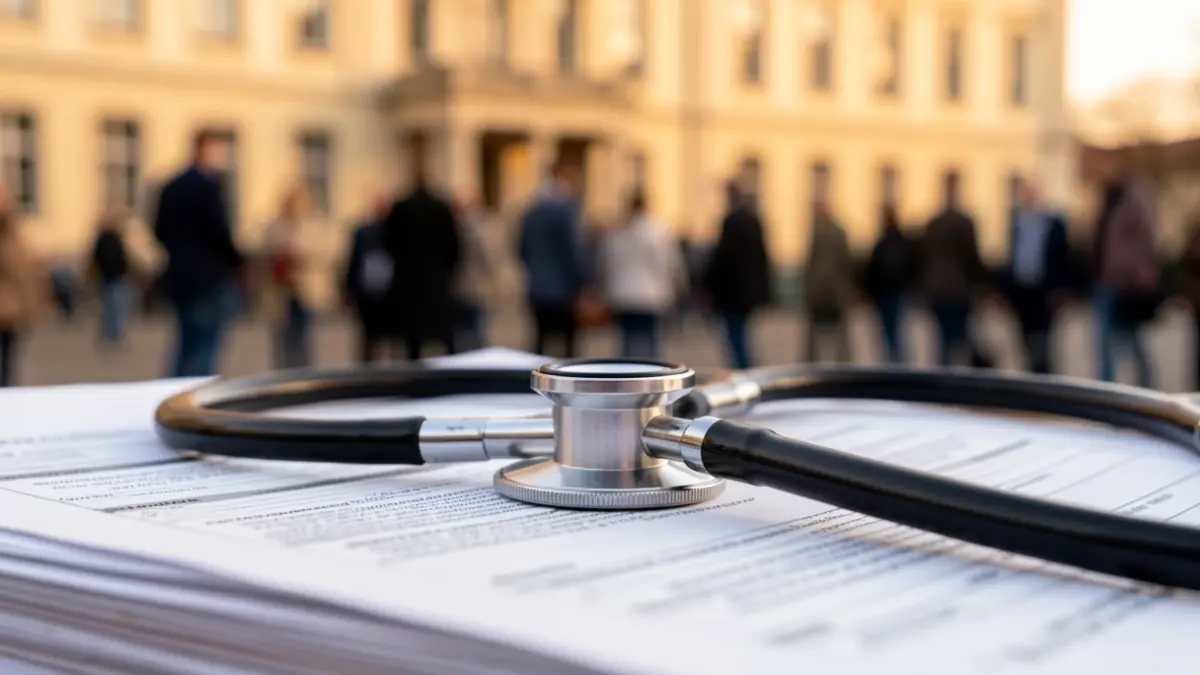 Image of a stethoscope on medical documents with a hospital in the background.