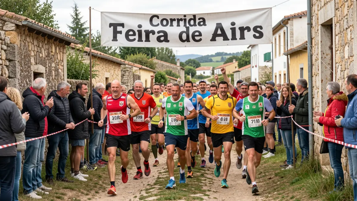 Imagem genérica de atletas a cruzar a meta numa prova desportiva em Pavia, com foco na celebração e no esforço.