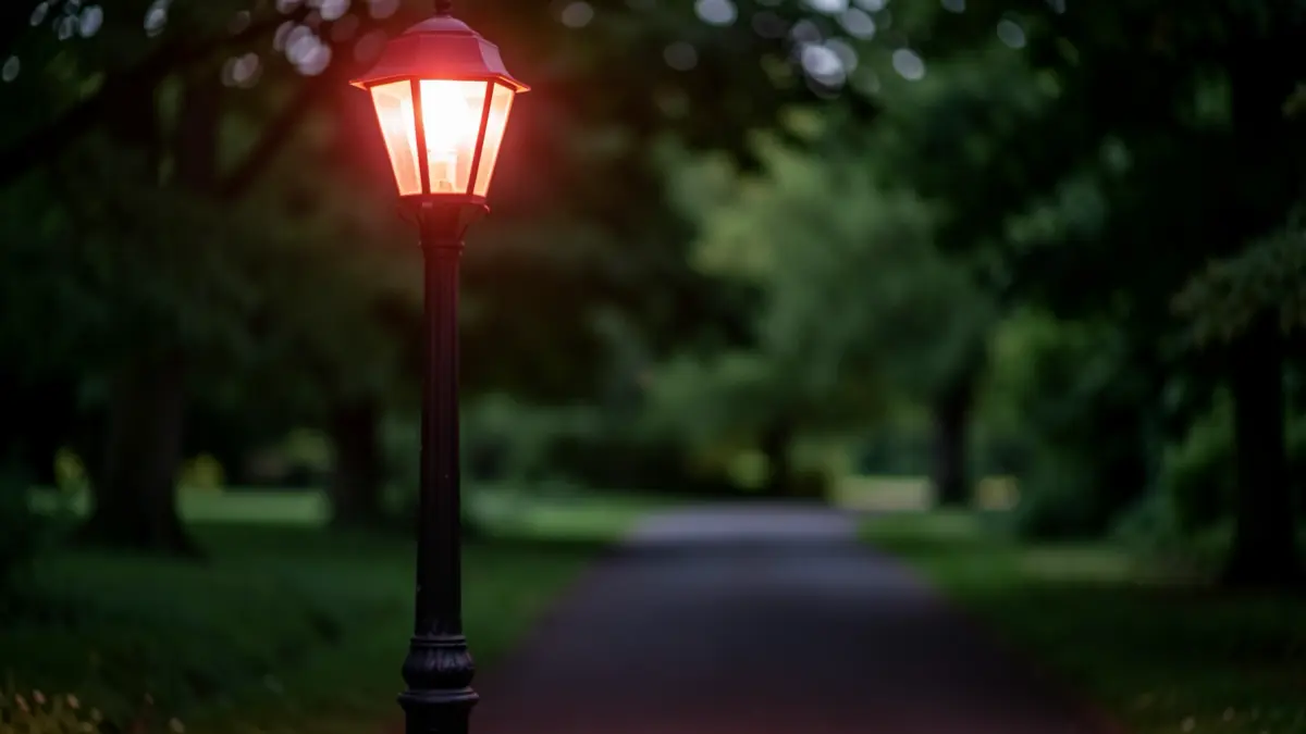 Imagem genérica de um candeeiro de rua a emitir luz avermelhada num parque, com vegetação desfocada ao fundo.