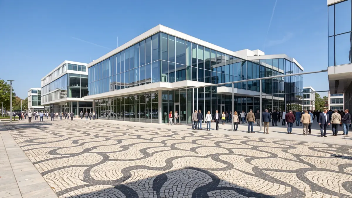 Generic image of a modern business park with a Portuguese 'calçada portuguesa' pattern.