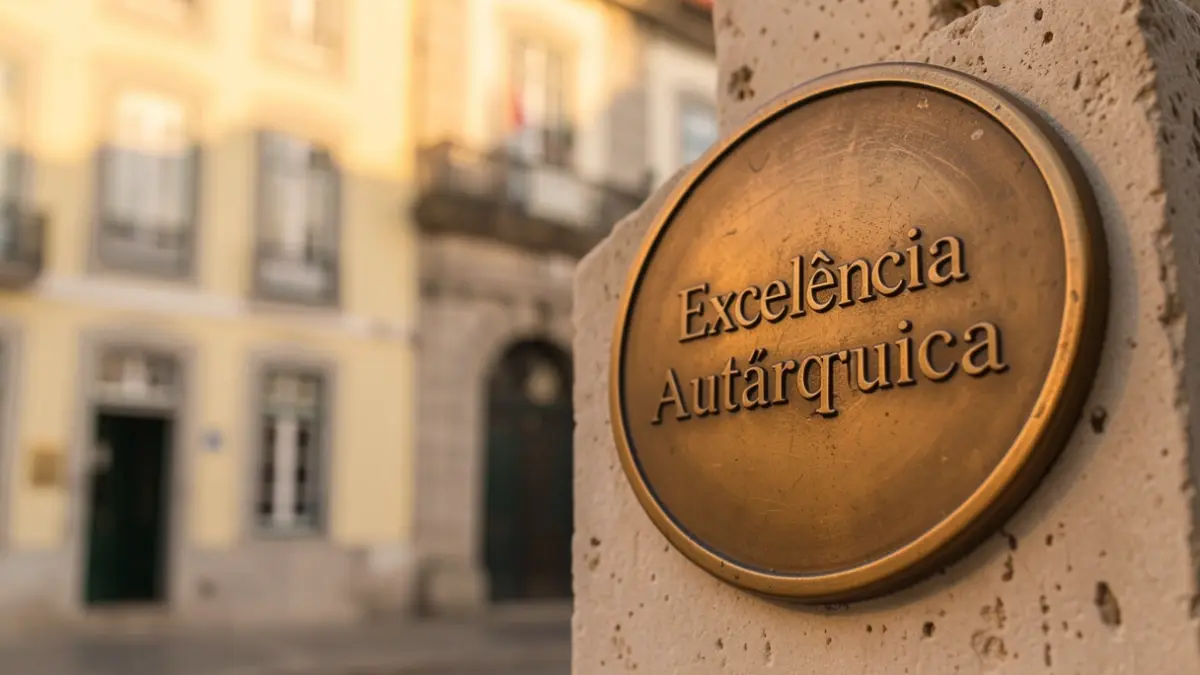 Generic image of a municipal excellence medal on a blurred background of a Portuguese municipal building.