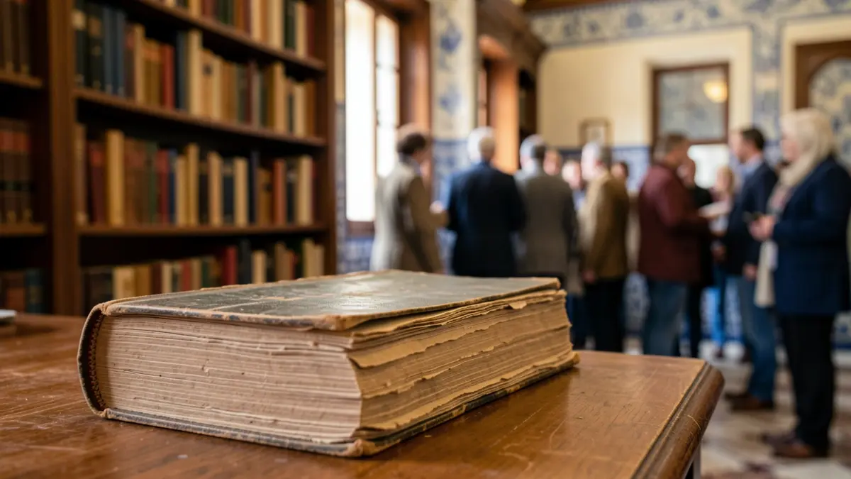 Generic image of an old book on a desk, with blurred bookshelves in the background.