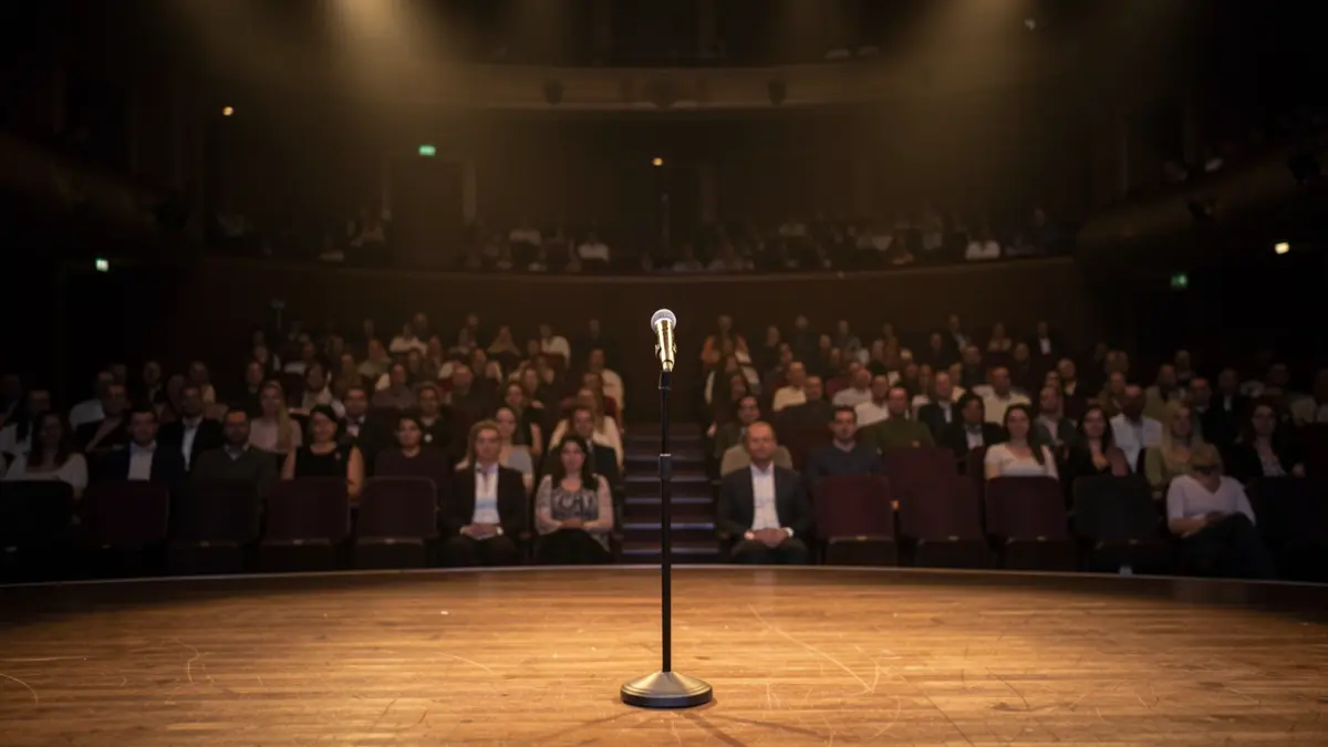 Imagen genérica de un escenario de auditorio con un micrófono, luces cálidas y asientos desenfocados al fondo.