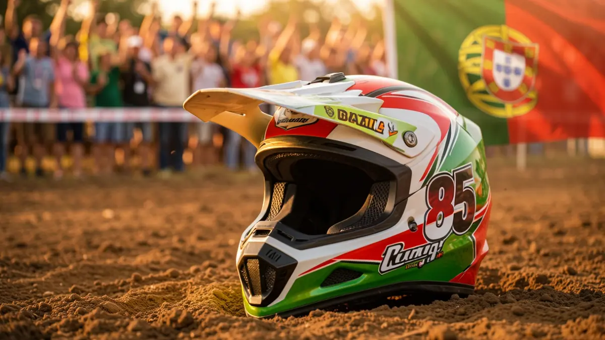 Imagen genérica de un casco de motocross con el número 85 visible, sobre una pista de tierra.