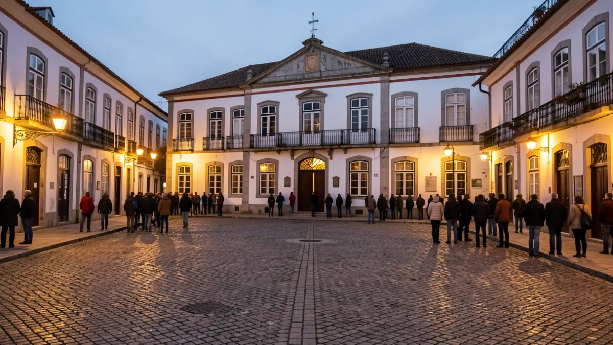 Generic image of a Portuguese municipal square at dusk, with public lighting and traditional architecture.
