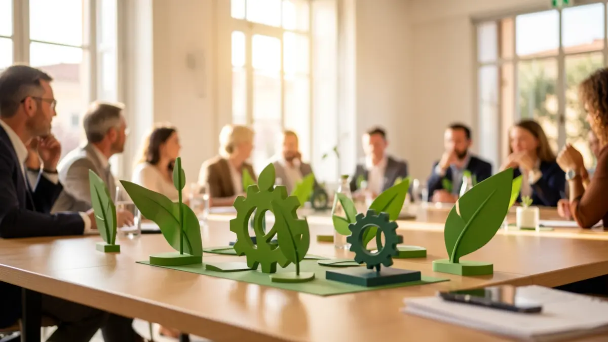 Imagen genérica de una conferencia de negocios sostenible en Portugal, con símbolos abstractos de innovación y economía verde.