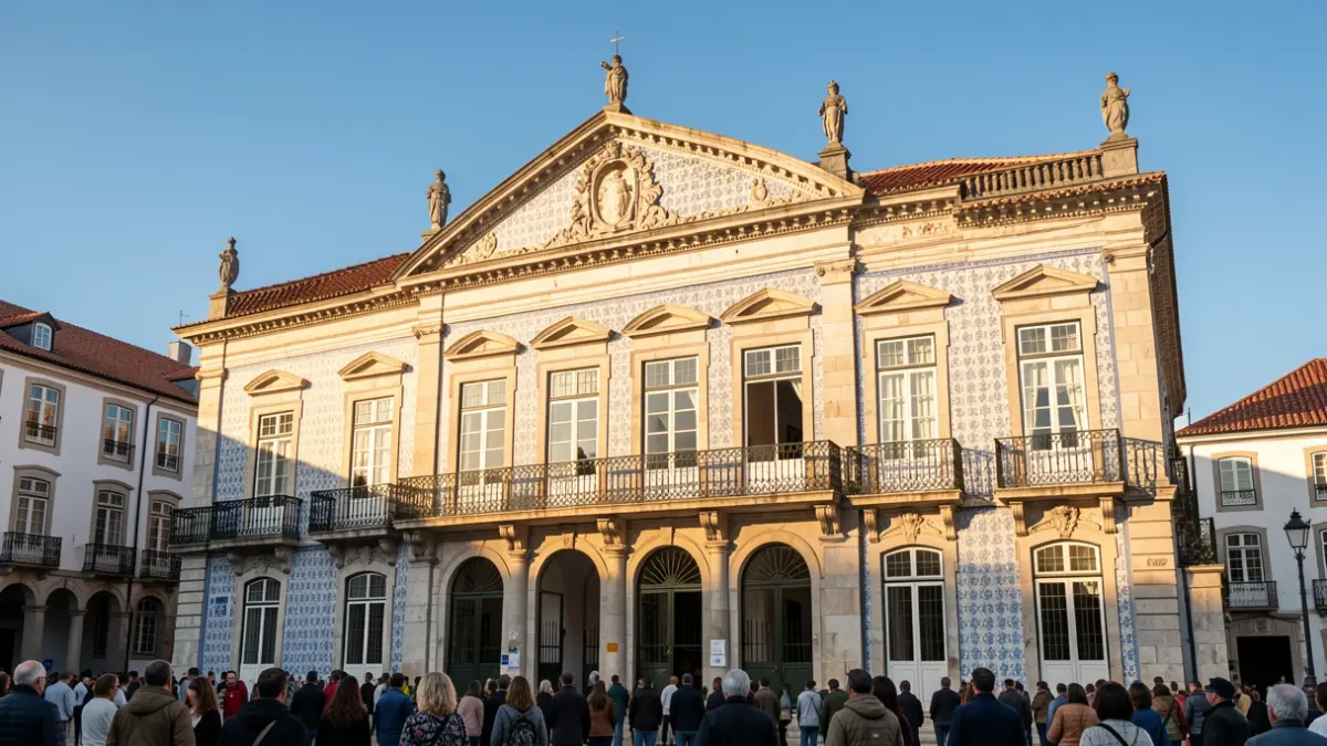 Fachada del Ayuntamiento de Guimarães con detalles de azulejos y balcones ornamentados.