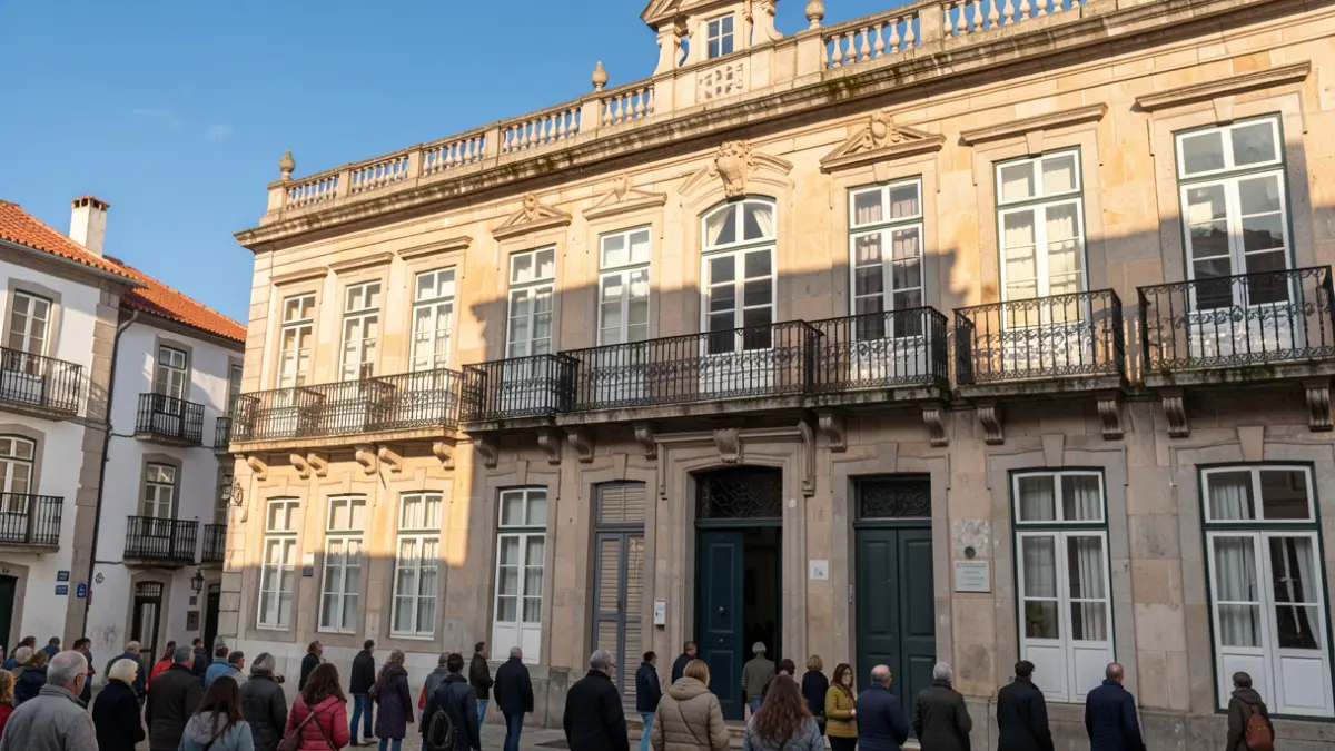 Generic image of a Portuguese town hall facade with ornate balconies and afternoon sunlight.