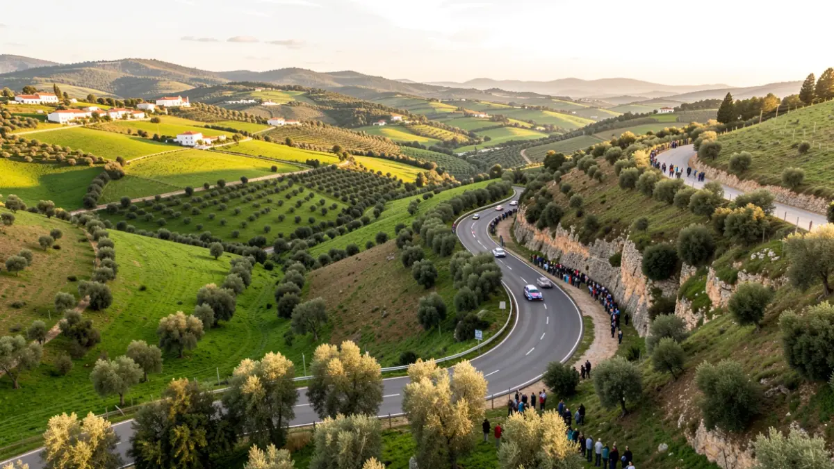 Imagem genérica de uma estrada sinuosa numa paisagem verde em Portugal, com carros de rali desfocados ao longe.