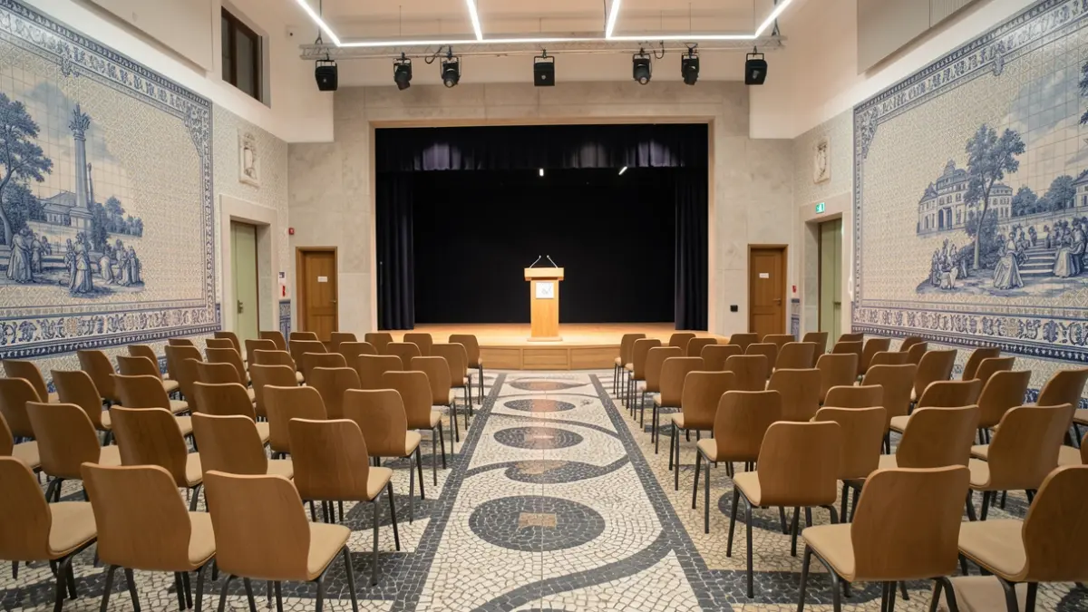 Generic image of an auditorium in Portugal with empty chairs and a lectern on stage.