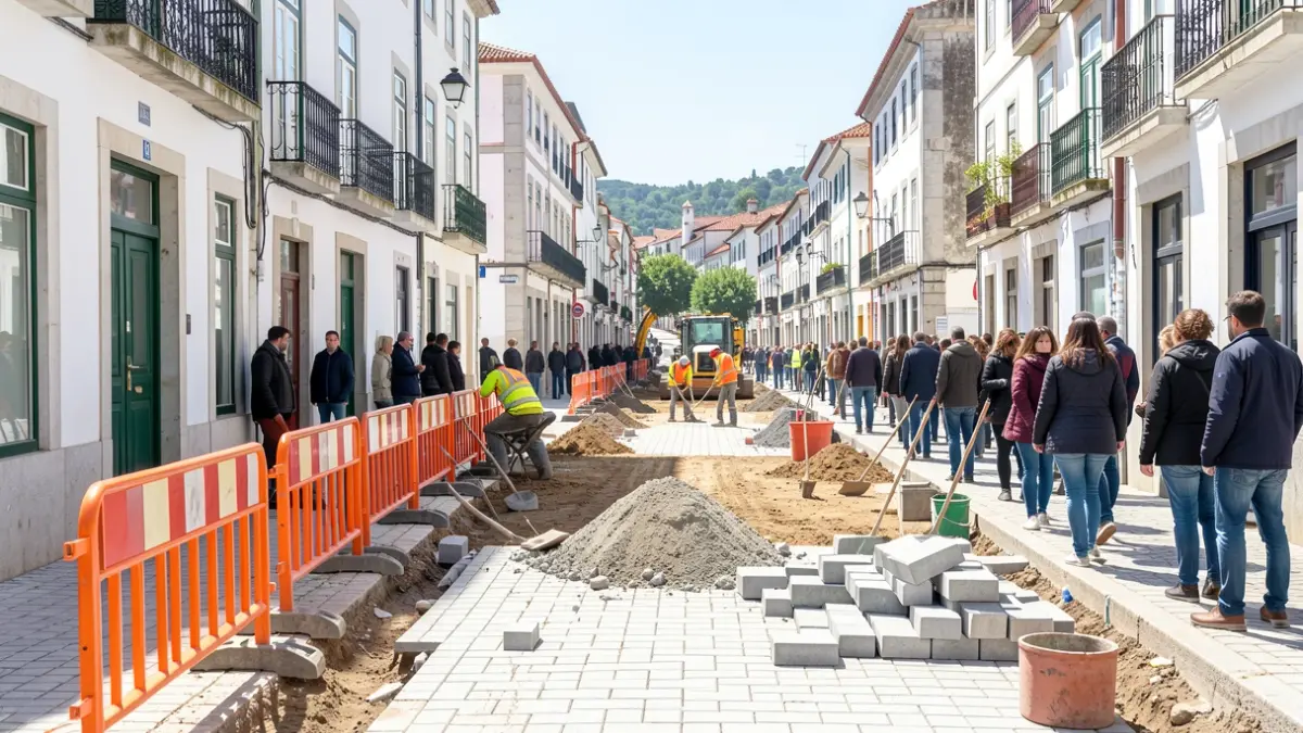 Generic image of urban requalification works on a street in Portugal, with construction barriers and workers.