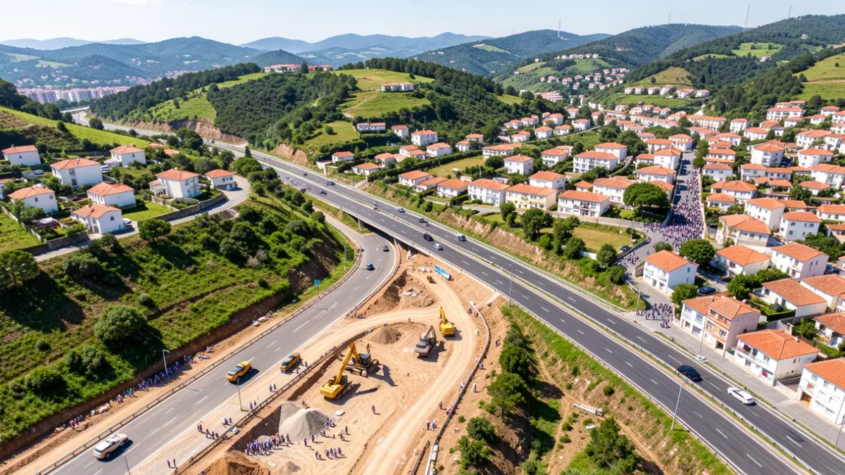 Imagem genérica de uma nova via em construção a ligar uma variante a uma estrada nacional, com maquinaria de obras e paisagem urbana e rural.