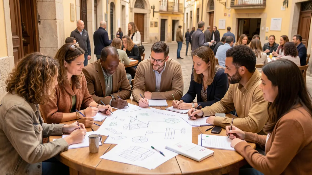 Imagem genérica de pessoas a colaborar em grupo, com papéis e esboços numa mesa, num ambiente de trabalho comunitário. Foco na partilha de ideias.