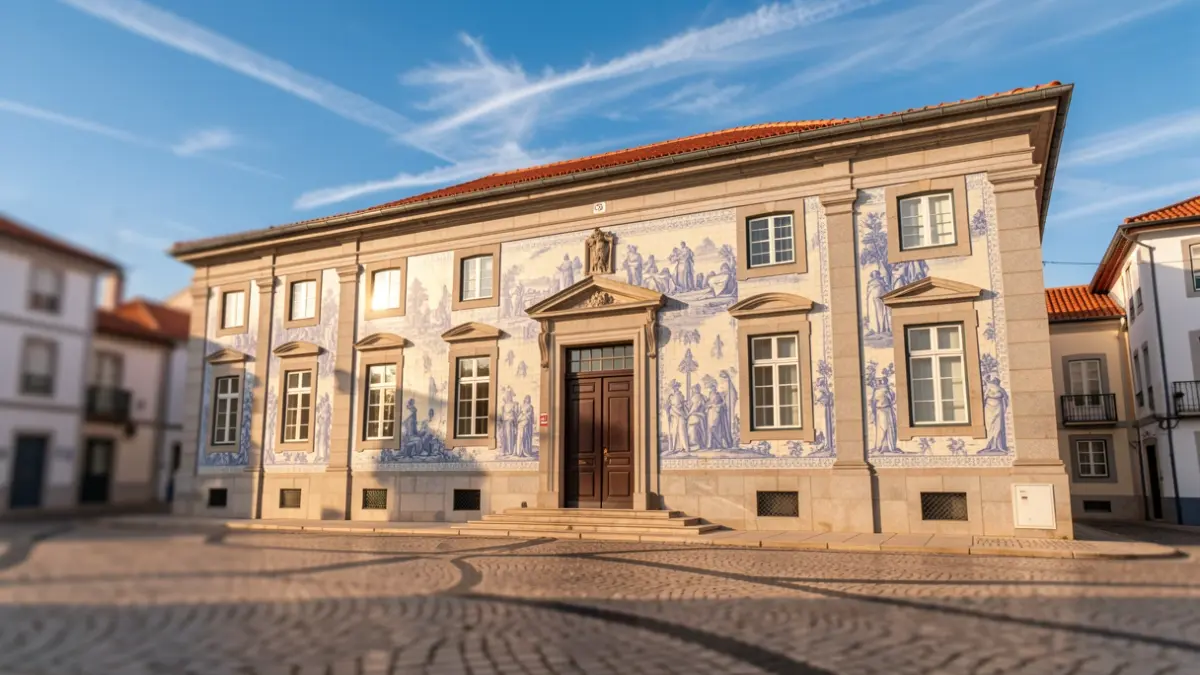 Imagem genérica da fachada de um edifício municipal português com azulejos e calçada portuguesa.