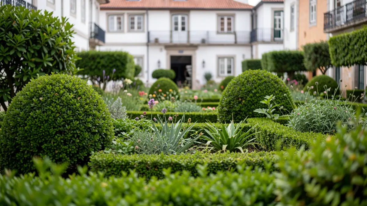 Generic image of a well-maintained garden with green bushes and traditional Portuguese architecture in the background.