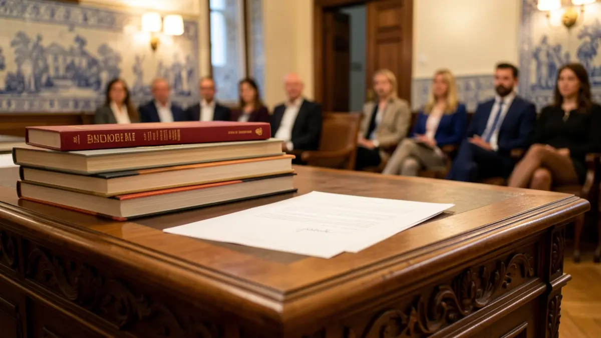 Imagem de uma secretária formal com livros e um documento assinado, num gabinete com azulejos portugueses.