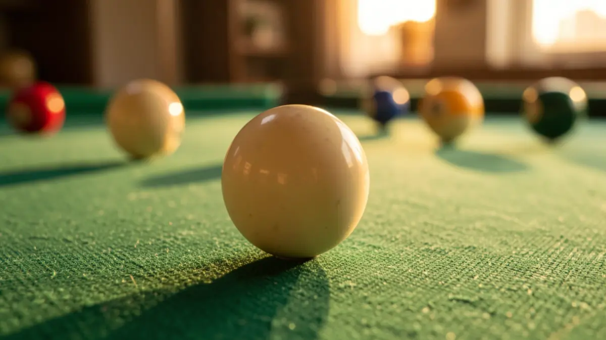Imagen genérica de una bola de billar sobre una mesa de fieltro verde, con otras bolas desenfocadas al fondo.