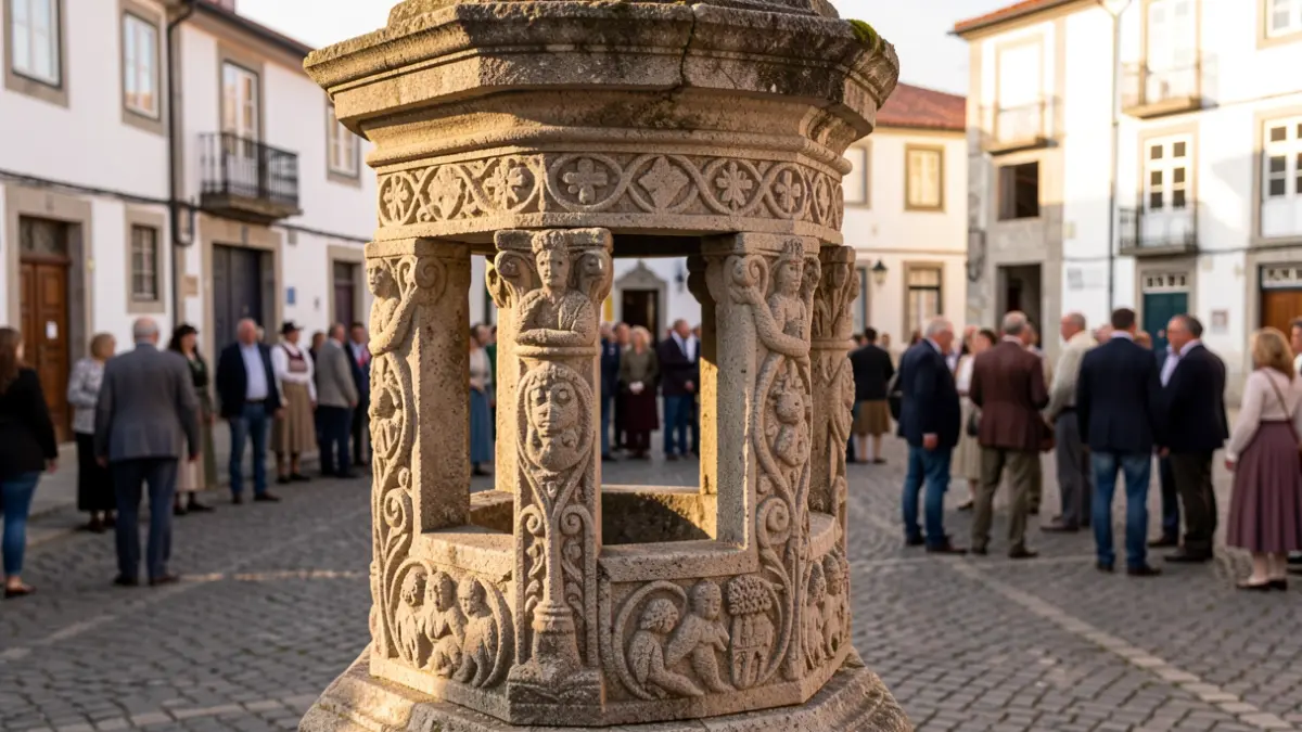 Imagen genérica de un pelourinho portugués de piedra con detalles esculpidos.