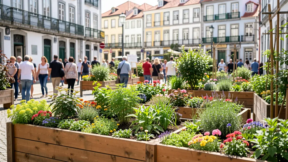 Generic image of an urban garden with raised beds and traditional Portuguese architecture in the background.