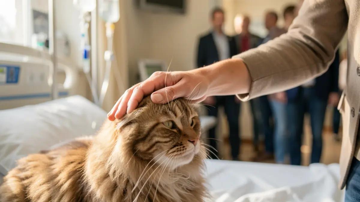 Generic image of a hand petting a cat, with a blurred hospital bed and IV drip in the background.