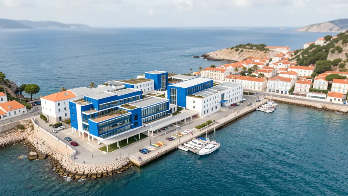 Generic image of a modern building complex by the sea, with docked boats, suggesting innovation and connection to marine resources.