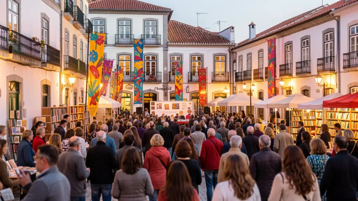 Imagem de um festival literário em Oliveira do Hospital, com autores e público.