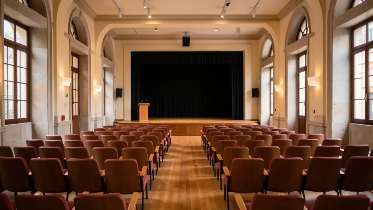 Imagem genérica de um auditório municipal com assentos vazios e palco.