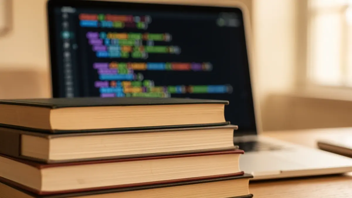 Generic image of a stack of books with a blurred laptop screen in the background.
