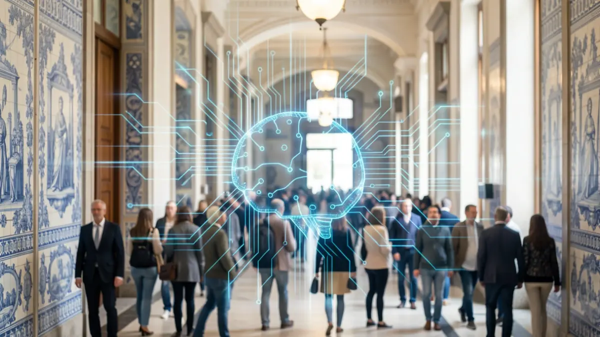 Generic image of abstract representation of artificial intelligence and public administration, with Portuguese architectural elements.