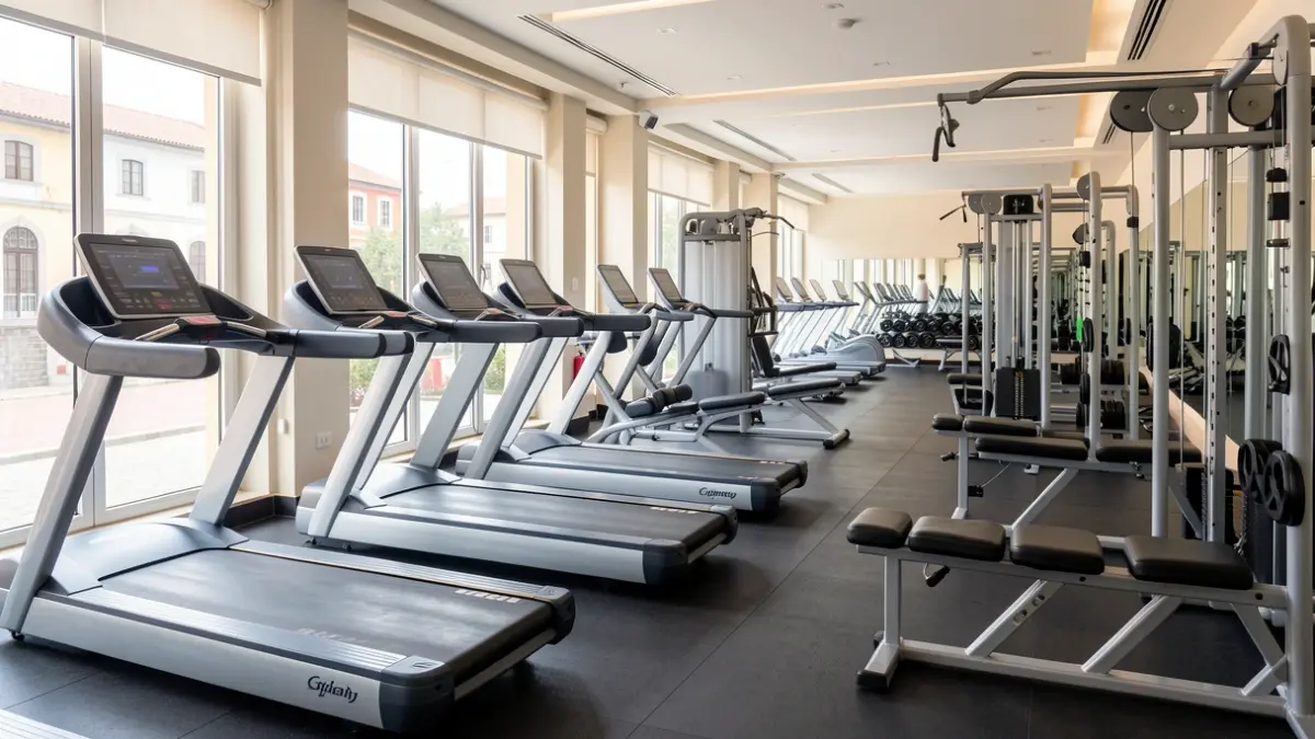 Generic image of modern gym equipment in Portugal, with natural light.