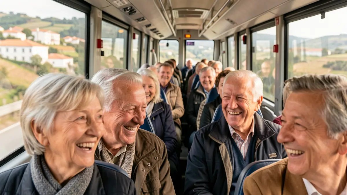 Imagen genérica de un paseo en autobús con personas mayores sonrientes, con paisaje portugués al fondo.