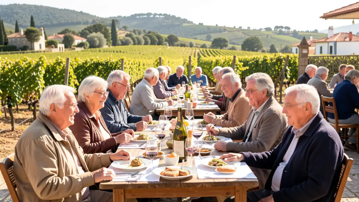 Image of a group of senior citizens having lunch at Quinta do Castro, Cadaval, on a trip promoted by the Loures City Council.