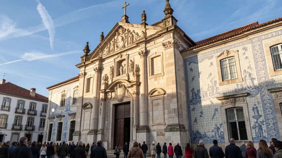 Imagem genérica de uma igreja histórica portuguesa com azulejos e luz solar.