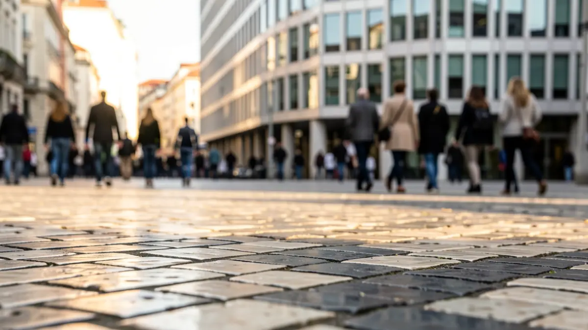 Generic image of a Portuguese pavement with the blurred facade of a modern office building in the background, warm afternoon light.