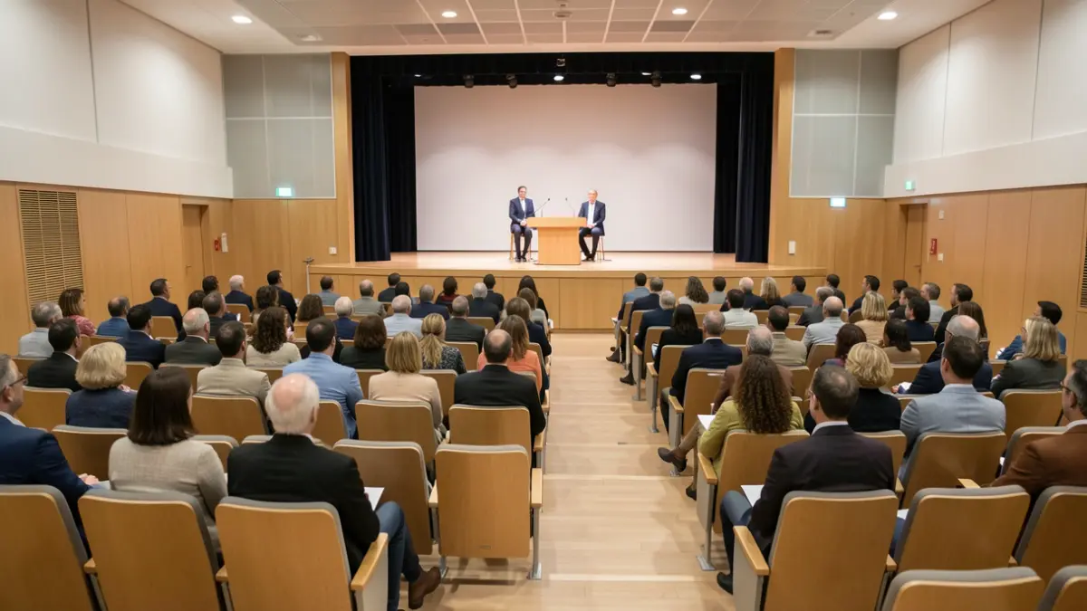 Imagen genérica de un auditorio hospitalario en Portugal, con escenario y asientos vacíos.