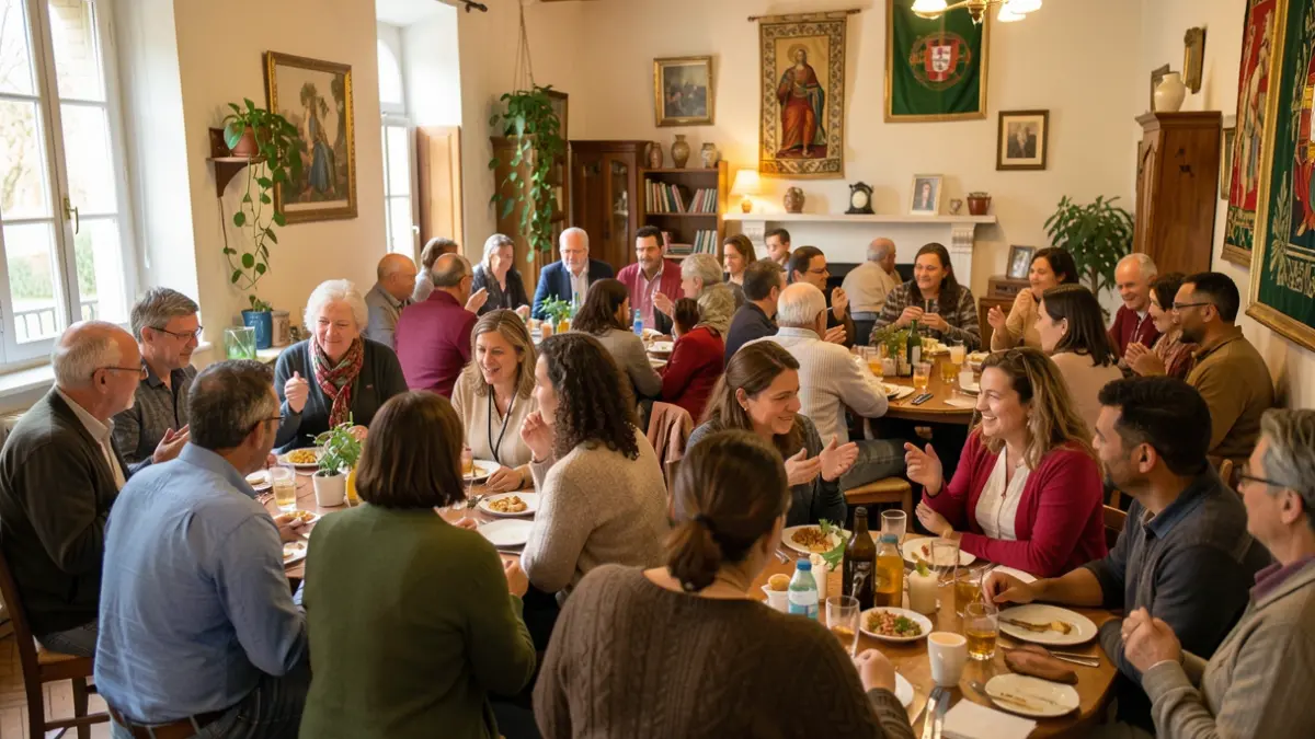 Generic image of a diverse group of people sharing a community meal in an indoor space, with subtle Portuguese cultural elements in the background.