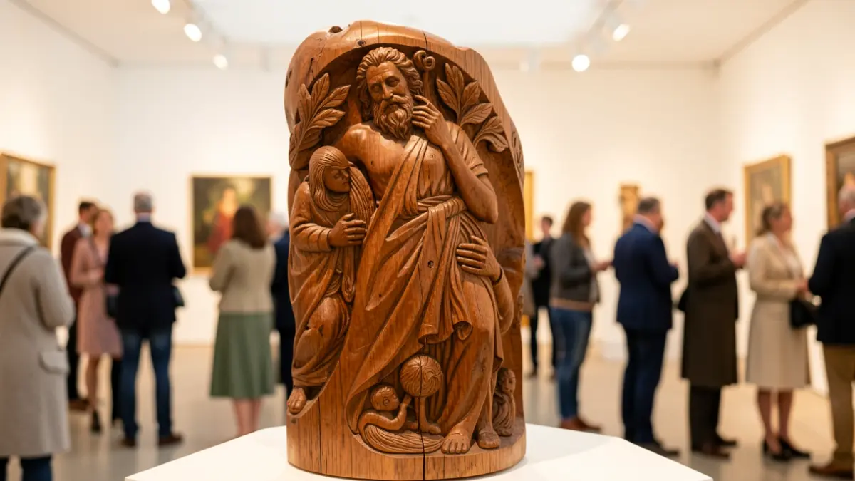 Imagen de una escultura de madera en la Casa de la Cultura de Paredes.