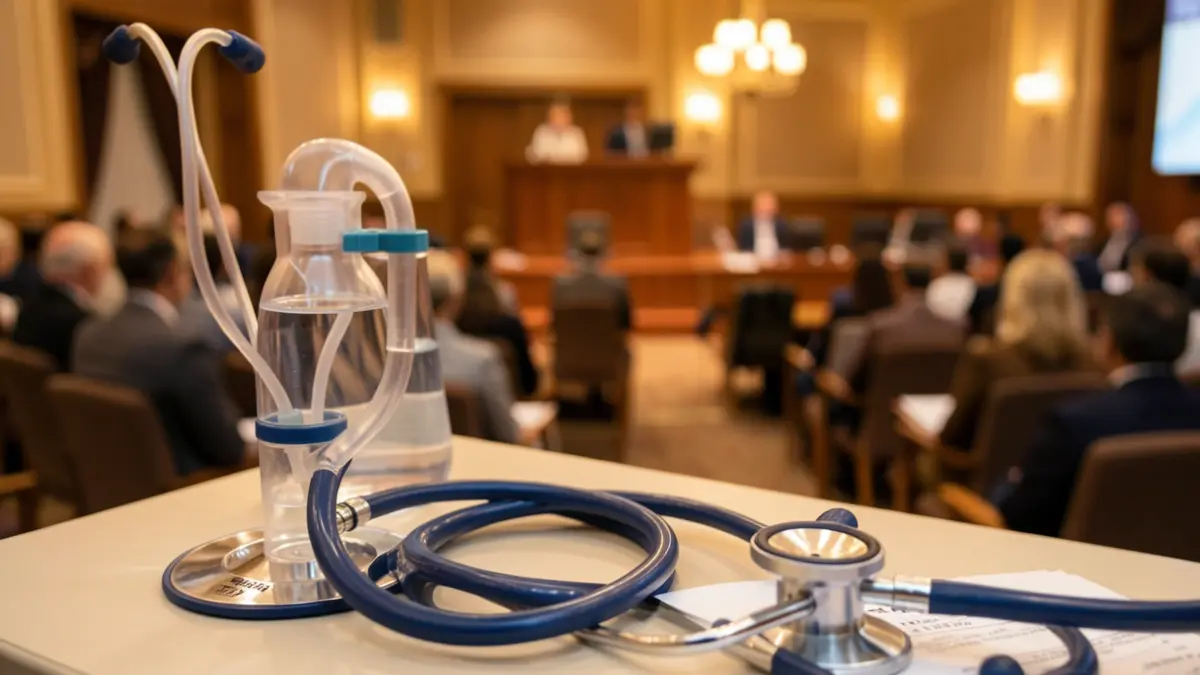 Imagem genérica de equipamento médico para cuidados respiratórios num ambiente de conferência.
