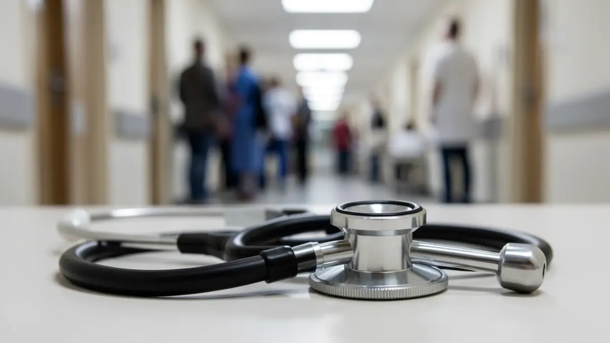 Imagem genérica de um estetoscópio médico sobre um fundo desfocado de corredor de hospital.