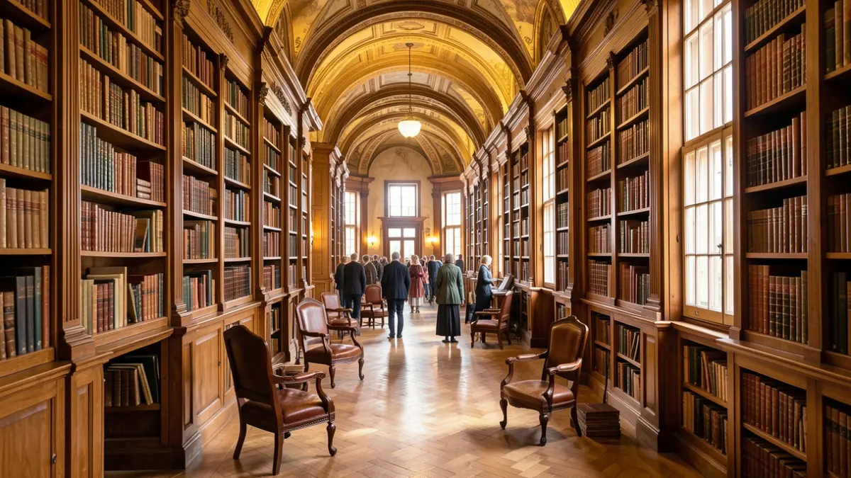 Imagem genérica de um salão de biblioteca histórico em Portugal, com estantes altas de madeira repletas de livros antigos e luz ambiente.