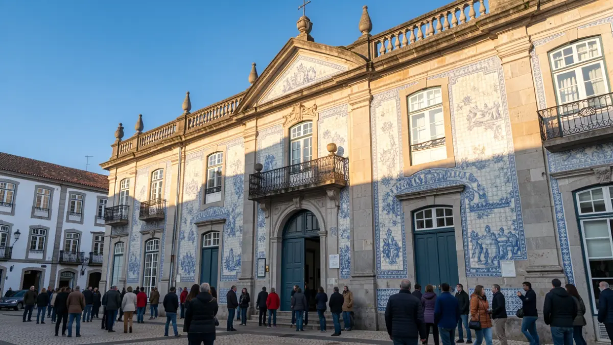 Facade of a Portuguese town hall with traditional azulejo tiles and stone details, in warm afternoon light.