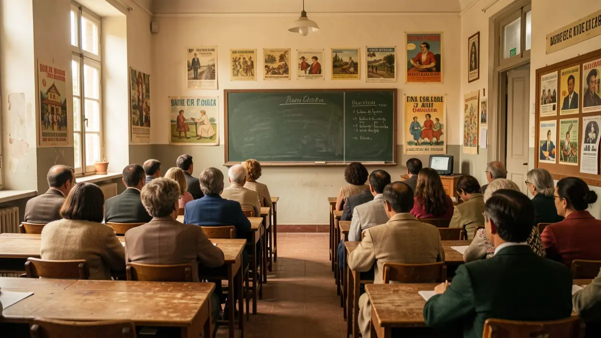 Interior de uma sala de aula portuguesa recriada dos anos 40/50, com carteiras de madeira e um quadro negro.