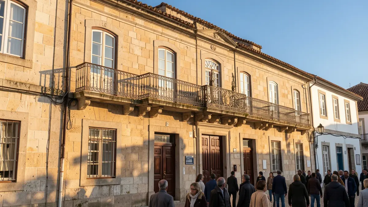 Imagem genérica de uma fachada de Câmara Municipal em pedra com varanda ornamentada, sob luz solar de fim de tarde.