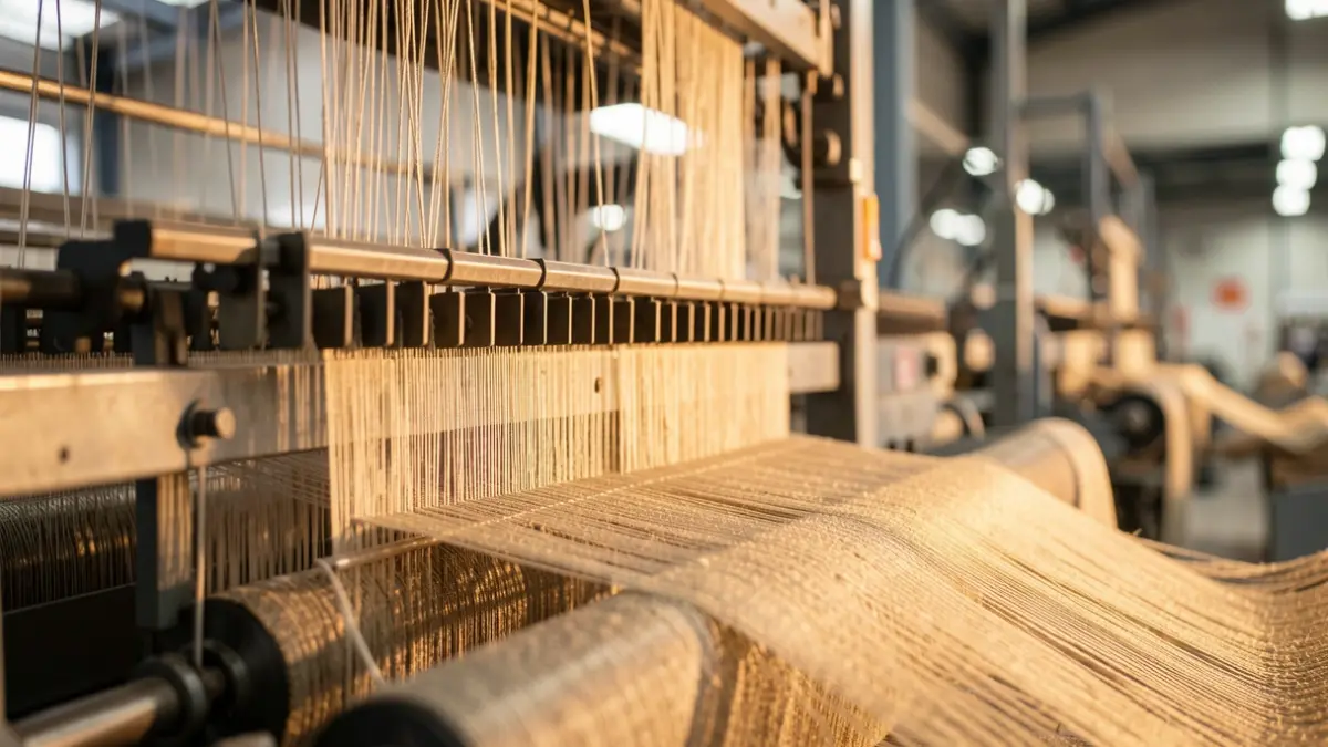 Generic image of textile machinery with fabrics and threads in focus, in a modern factory setting.