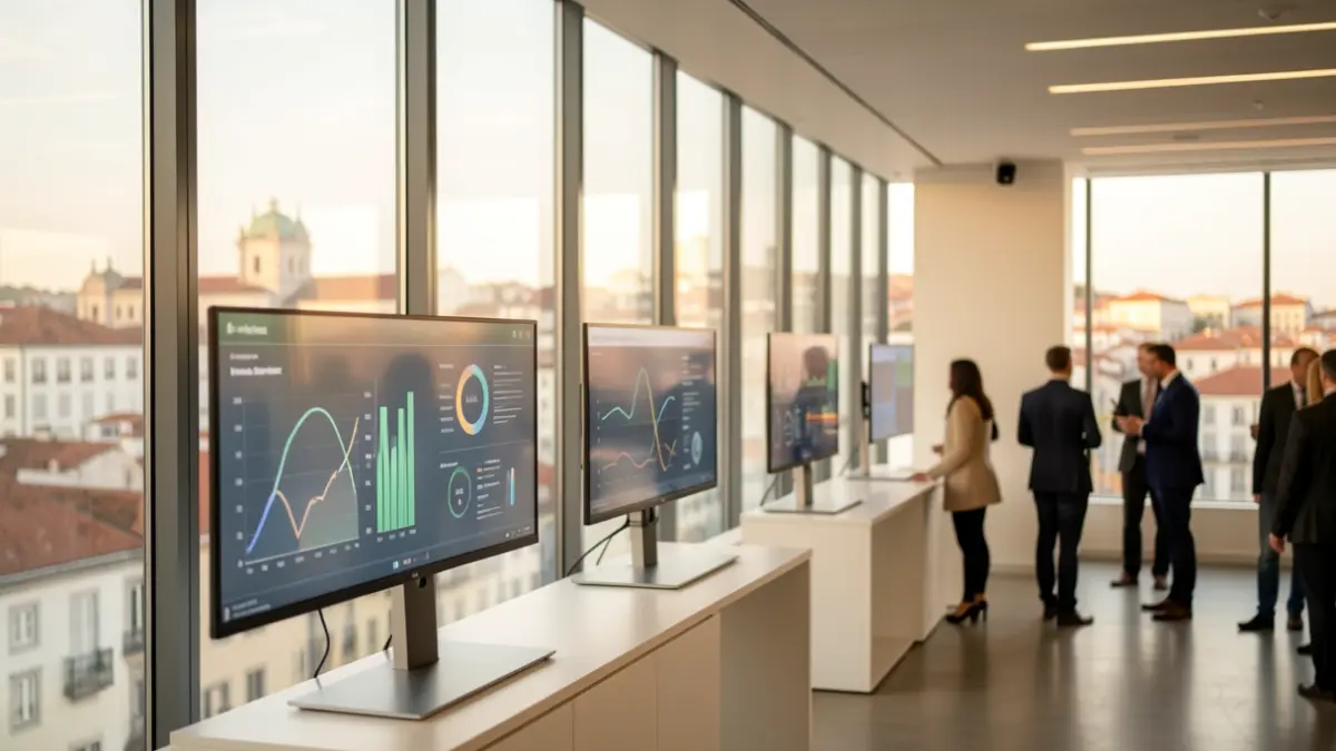Imagem genérica do interior de um edifício de escritórios em Portugal com vistas desfocadas da cidade e elementos de visualização de dados.