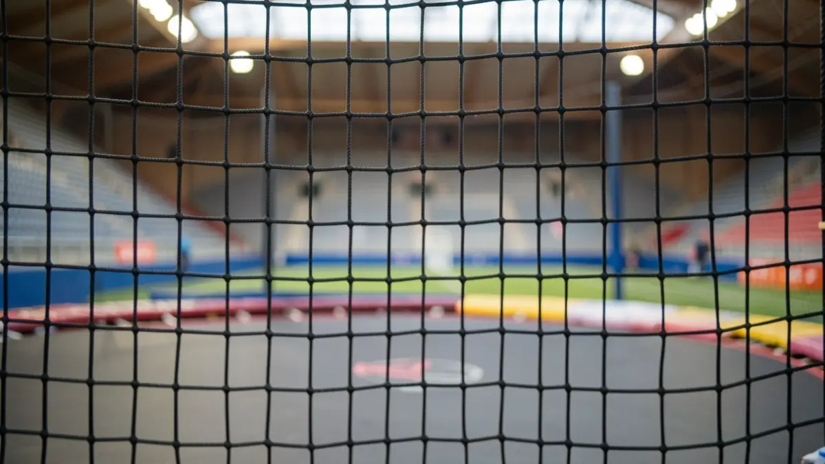 Imagem genérica de uma rede de trampolim com o fundo de uma arena desportiva desfocado.