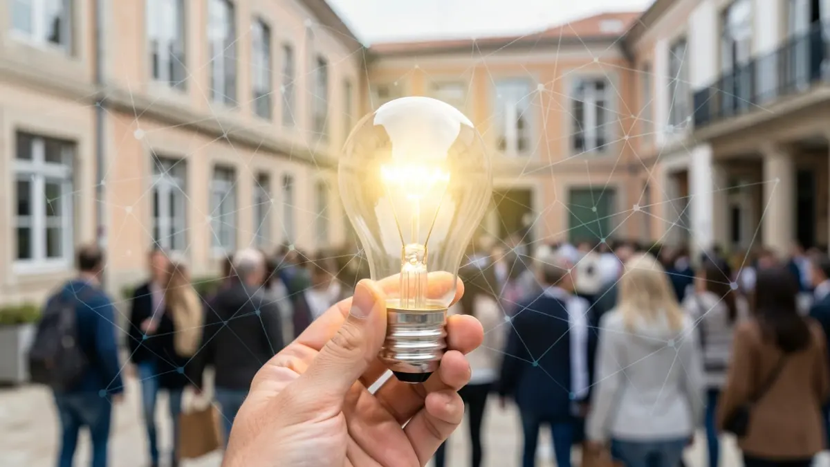 Mão a segurar uma lâmpada acesa, simbolizando uma ideia inovadora, com fundo desfocado de campus universitário português e gráficos digitais.
