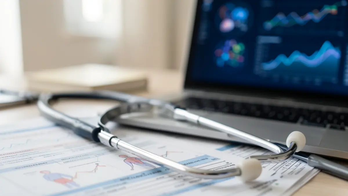 Generic image of a stethoscope on blurred medical charts and a computer screen displaying abstract data visualizations.