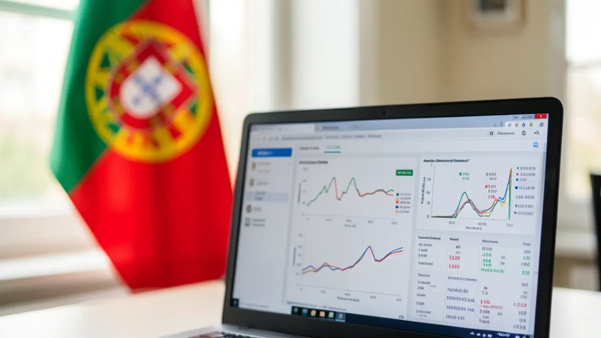 Generic image of a computer screen displaying graphs and data about respiratory infections, with a blurred Portuguese flag in the background.